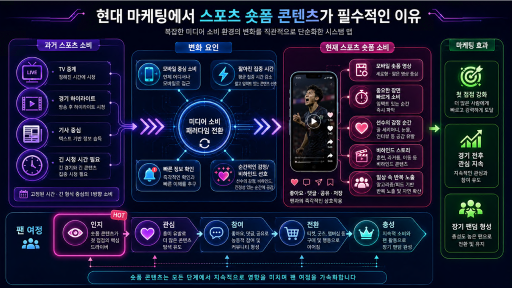 전통 스포츠 소비에서 모바일 숏폼 콘텐츠로 변화하는 팬 여정을 설명한 스포츠 마케팅 시스템 맵